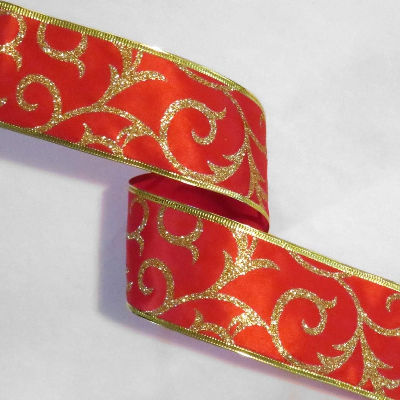 Wired Red Christmas Ribbon 40 FEET 2 1/2" Wide Satin & Gold Glitter Tree Garland